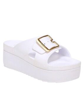 Dr. Scholl's Orig. Goals Buckle Faux Leather Wedge Sandals, White, Size 10, NWOT